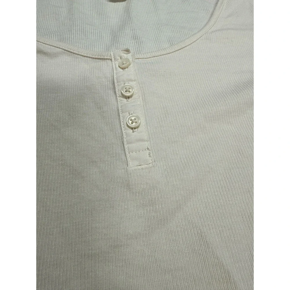 H&M Ribbed Long Sleeve Henley Top Women Large Cream Scoop Neck Basic - Picture 3 of 6
